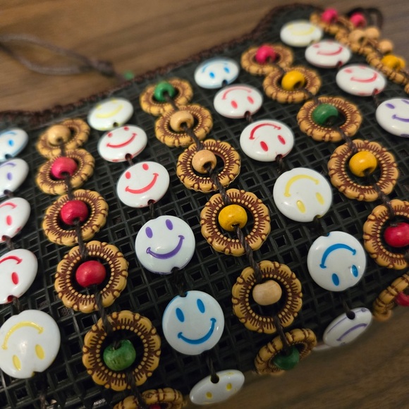 VTG Boho 90s Smiley Face Coconut Shell Beaded Festival Mini Crossbody Bag Y2K - Picture 5 of 12